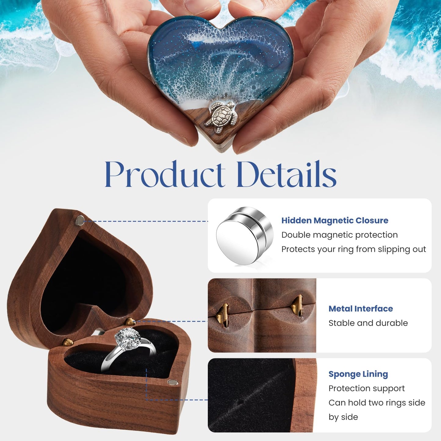 SAMAH Ocean Resin Heart Engagement Ring Box, Birthday Gifts for Women Mom, Personalized Walnut Wooden Ring Box, Ring Display Box for Proposal, Wedding, Anniversary, Valentine's Day, Mothers Day Gifts