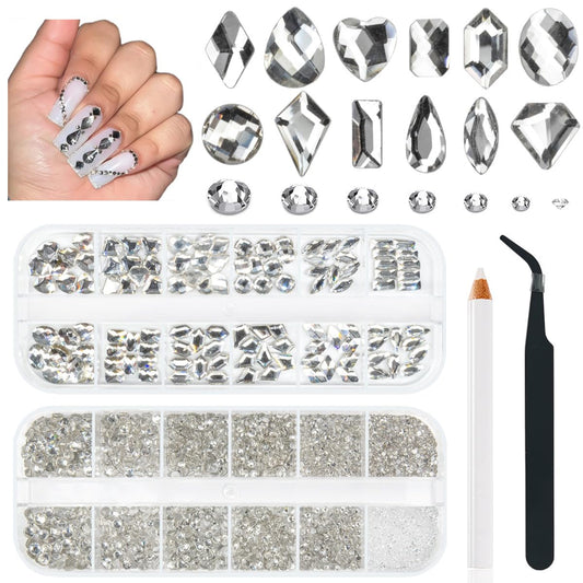qiipii 4080Pcs Silver Clear Nail Rhinestones Crystal White Stones More Quantity 1.5-4mm Flatback Round Beads K9 Glass Gems Nail Art Diamonds Jewels Charms for Nails Face Eyes Makeup Shoes DIY Crafts