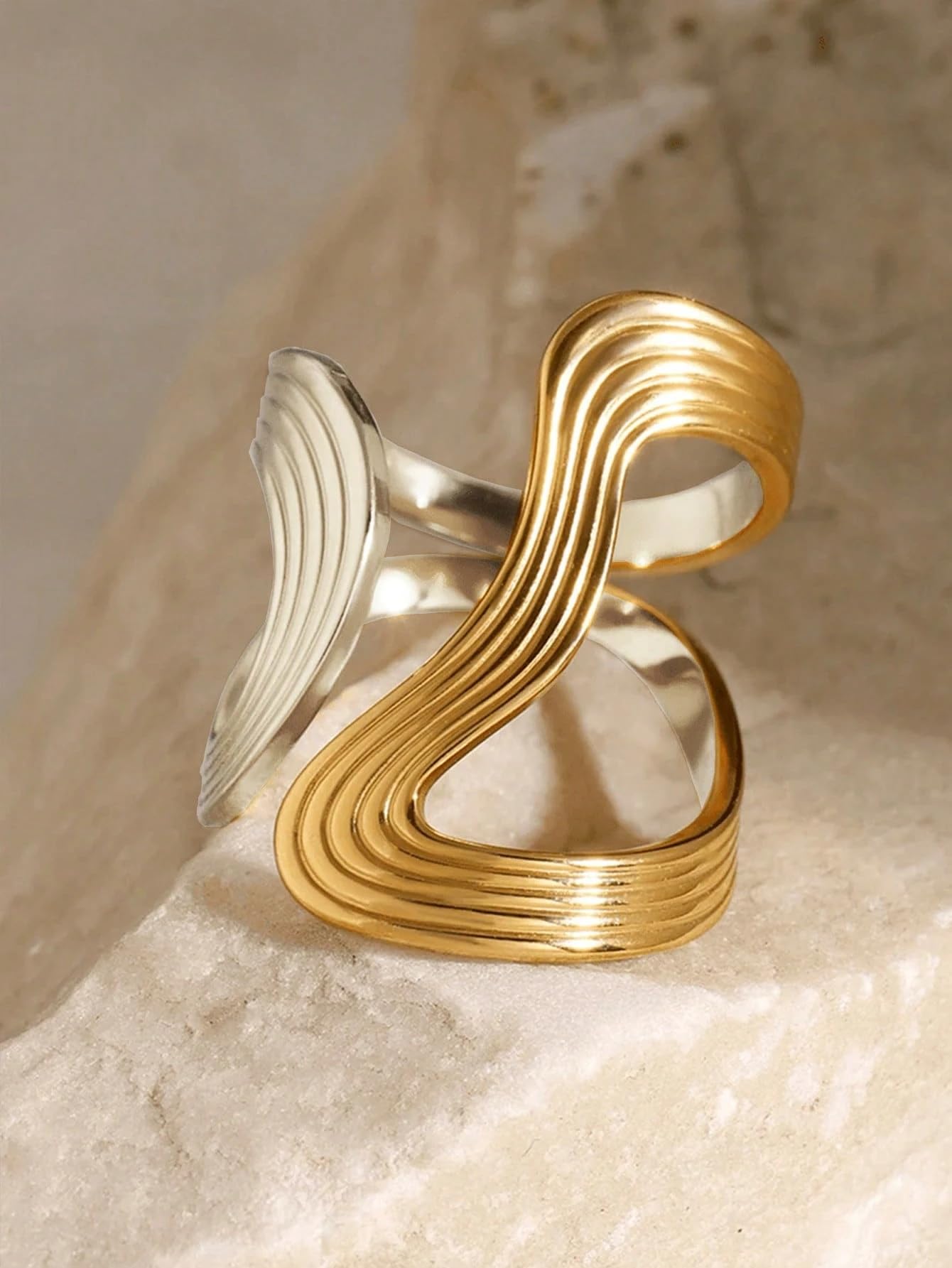 AIETUE Chunky Rings For Women, Gold Silver Thumb Ring Asymmetrical Wavy Curve Ring Adjustable Non Tarnish Dainty Stainless Steel New Year Anniversary Birthday Jewelry Gift (Trendy-G&S Mixed)