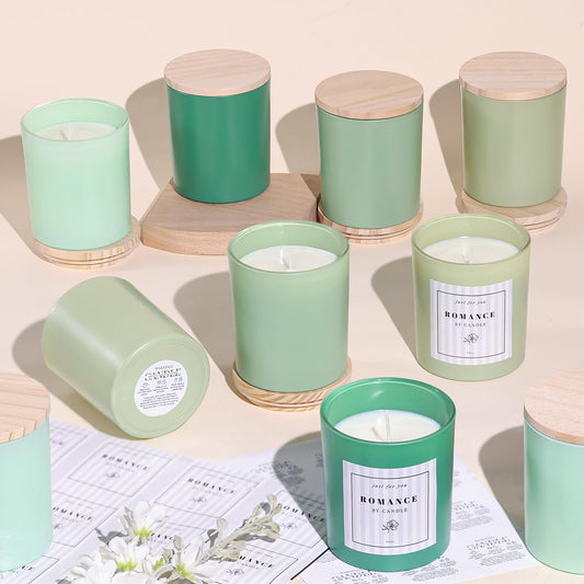 12Pcs Assorted Green Candle Jars for Making Candles, 10oz Empty Candle Jars with Bamboo Lids and Labels, Glass Candle Jar for Candle Making Supplies, Candle Containers for DIY Gifts