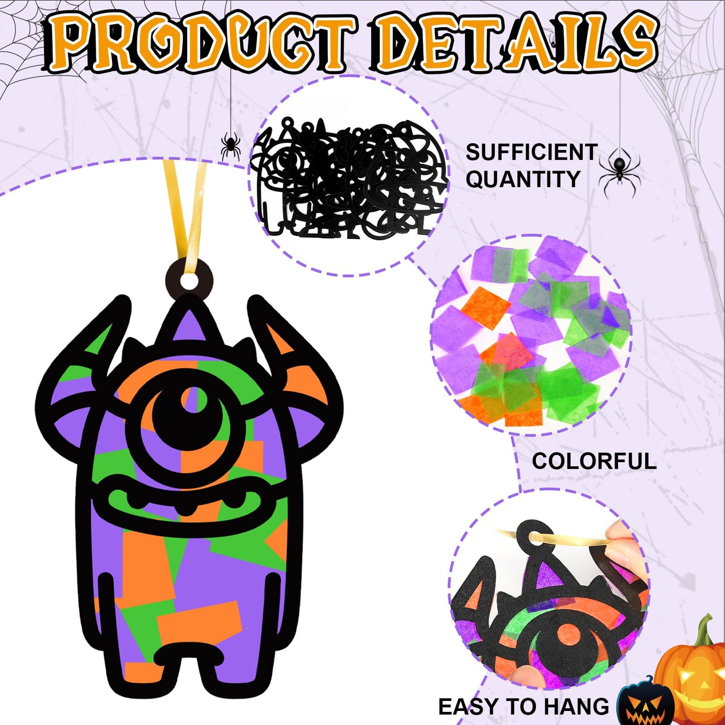 Qyeahkj 36 Set Halloween Monster Suncatchers Crafts for Kids DIY Monster Window Tissue Paper Craft Kit Hanging Decor for School Classroom Activity Art Project Holiday Home Birthday Party Favor Gift