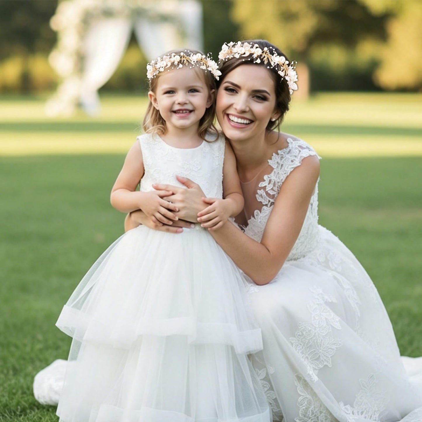 Semato 2 Pcs Flower Girl Headpiece for First Communion Headpiece Princess Tiara Crown with Rhinestone and Pearl Headband Floral Wedding Prom for Girls and Women (Gold)