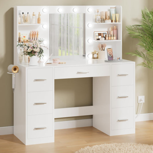 Acurax Makeup Vanity Desk with Mirror and 10 Lights, Table with 7 Drawers and 4 Open Shelves, 3 Color Modes and Adjustable Brightness, Charging Station for Bedroom, Bright White