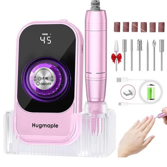 Professional Electric Nail Drill File, HUGMAPLE 45000RPM Portable E-File Machine with Bits & Base, Cordless Rechargeable Nail Drill Kit for Shaping, Removing & Polishing Gel Nails Salon Home (Purple)
