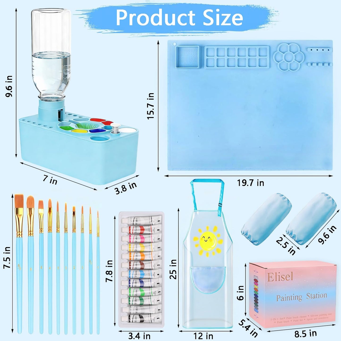 Elisel Painting Station,5 IN 1 Art Paint Supplies Kits,Paint Brush Cleaner (Upgraded),Silicone Painting Mat 12 Colors Paint Set,10 Paint Brushes,Painting Apron for Kids Artist Beginners (Blue, 5)