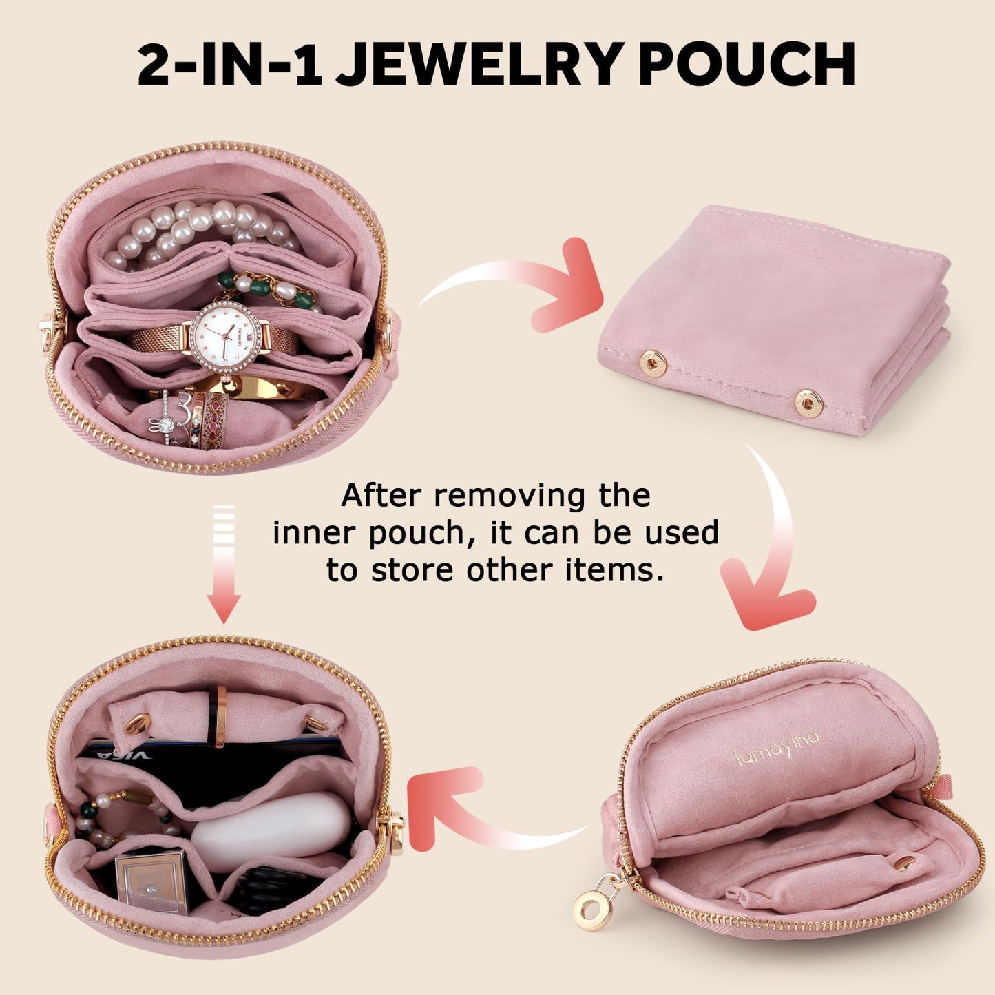 Lumayina Velvet Travel Jewelry Pouch, 2-in-1 Clamshell Case with Detachable Insert, Portable Travel Jewelry Organizer with Wrist Strap, Converts to Mini Coin Purse, Gift for Women & Girls (Dusty Pink)