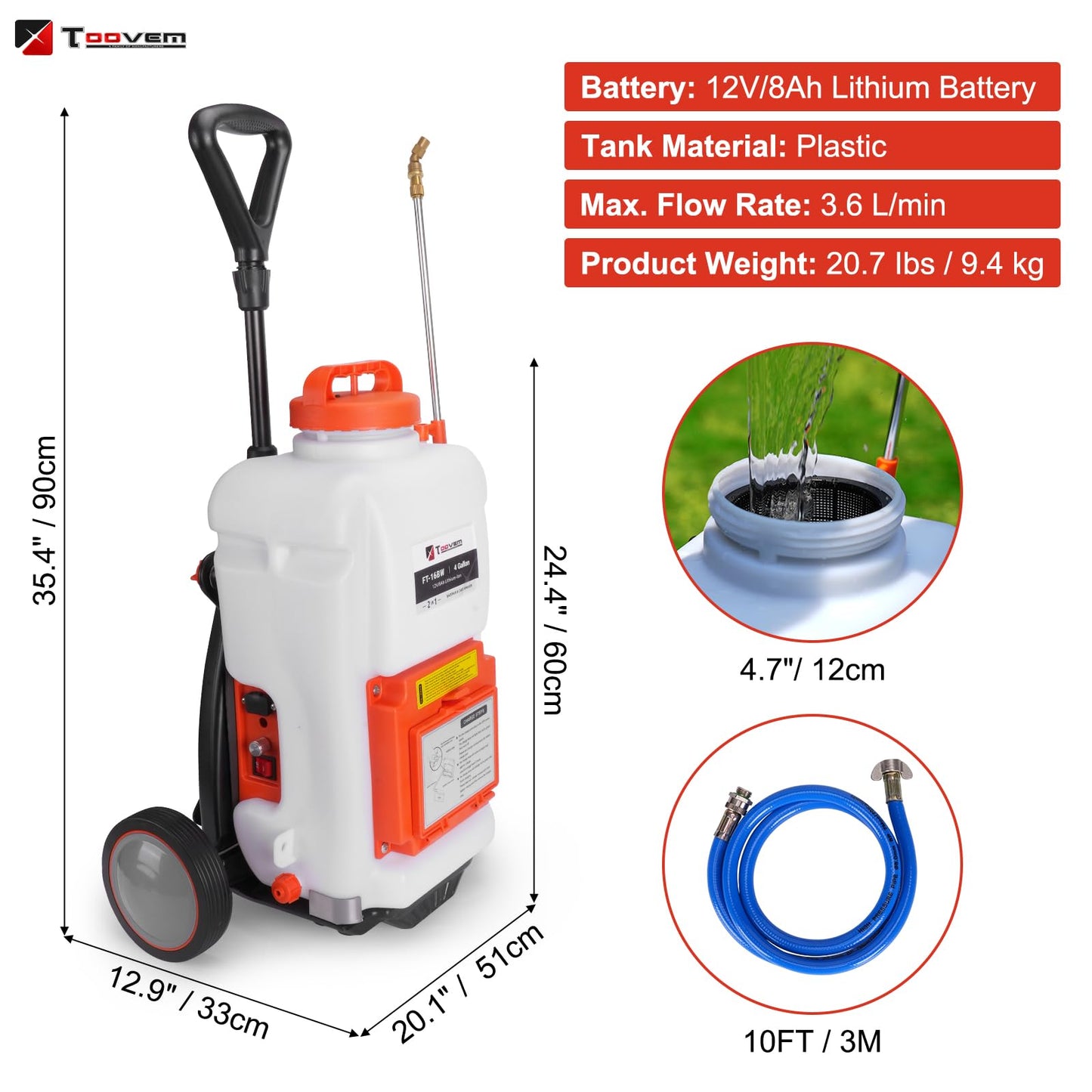 Toovem Battery Powered Backpack Sprayer 4 Gallon, Weed Yard Sprayer with Wand, Electric Backpack Garden Sprayer with Wheeled Cart for Weeding, Adjustable 0-94 PSI, 10FT Hose, 6 Nozzles