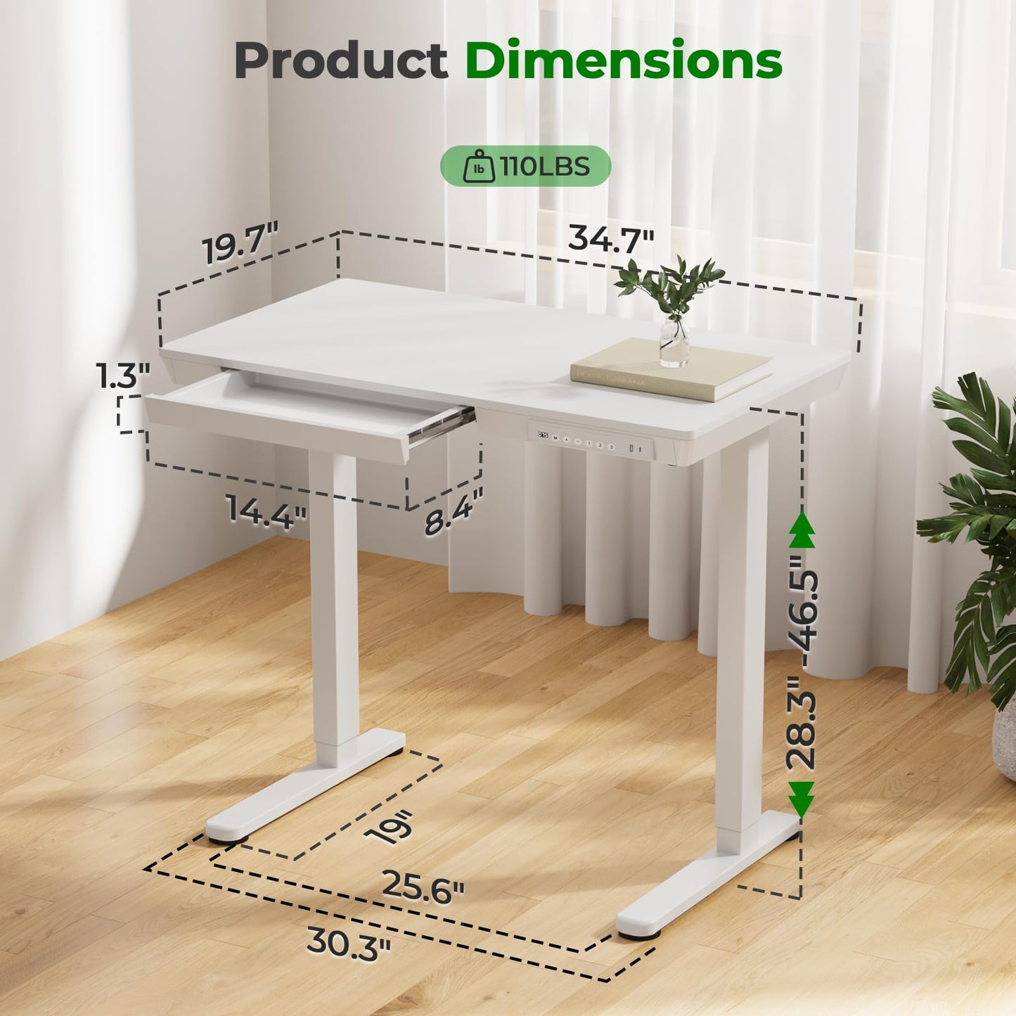 JYLH JOYSEEKER Small Standing Desk with Drawer, 35" x 20" Whole Piece Tabletop Electric Sit Stand Desk, Height Adjustable Desk with Storage & USB Ports, Quick Install Home Office Computer Desk, White