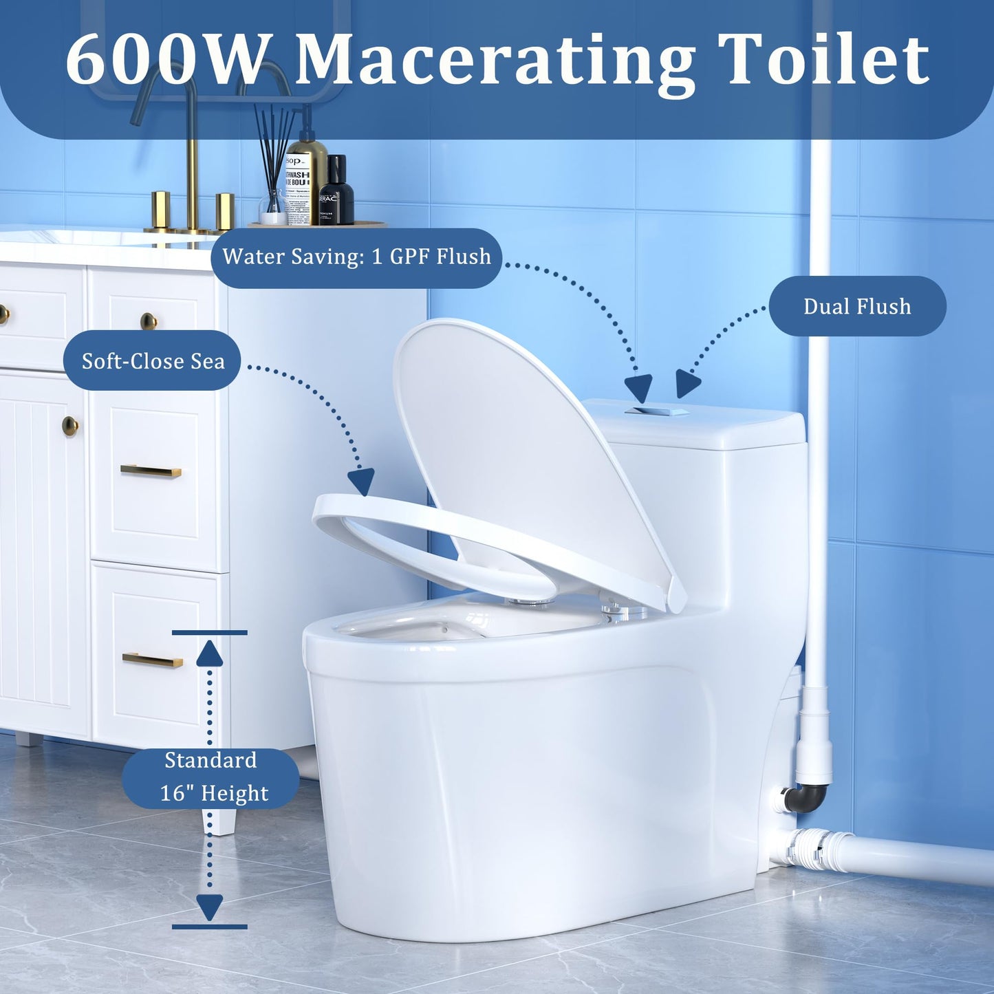 Simple Project 600w Macerating ToiletSystem, One-Piece Upflush Toilet with Pump for Basement, Powerful & Quiet Up Flush Toilets with 3 Water Inlet & AcVent, Rear Outlet Toilet Bowl, Sink & Shower