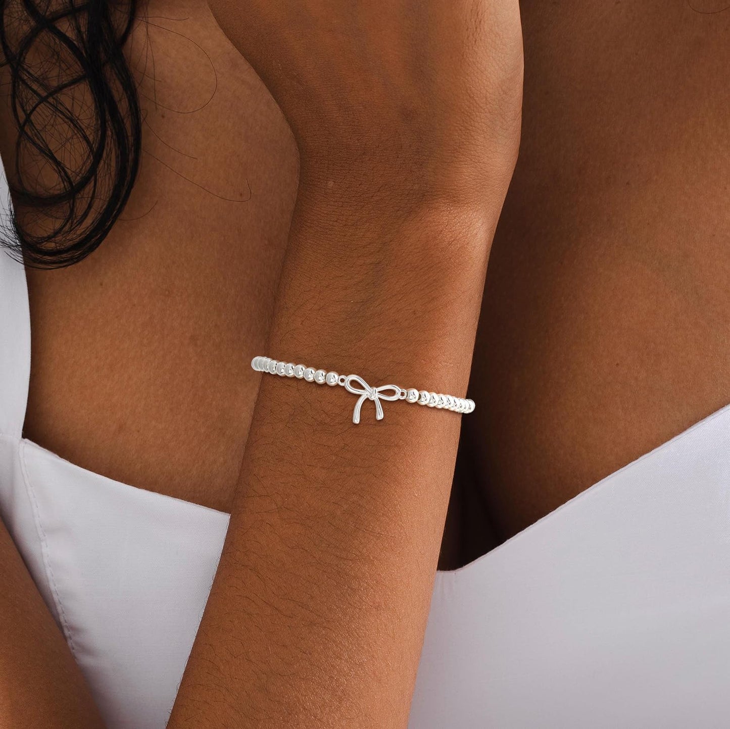 Beaded Bracelets for Women 14K Silver Gold Plated Stretch Handmade Ball Bracelets Cute Charm Bracelet Dainty Stackable Cross Heart Bow Wave CZ Circle Trendy Jewelry Easter Gifts (bow-silver)