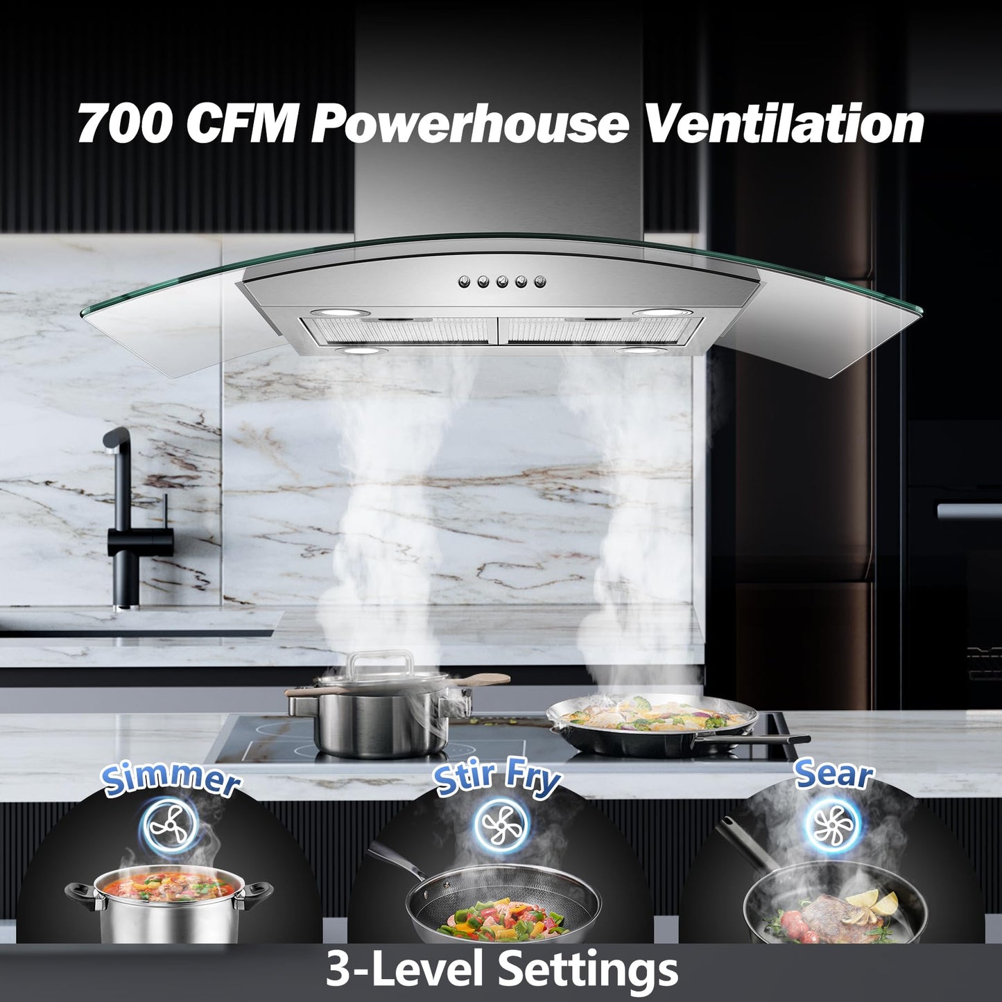 Tieasy 36 inch Island Range Hood 700 CFM Ceiling Mount Hood Stainless Steel Stove Vent Hood with Tempered Glass, Push Button Controls, Mesh Filters