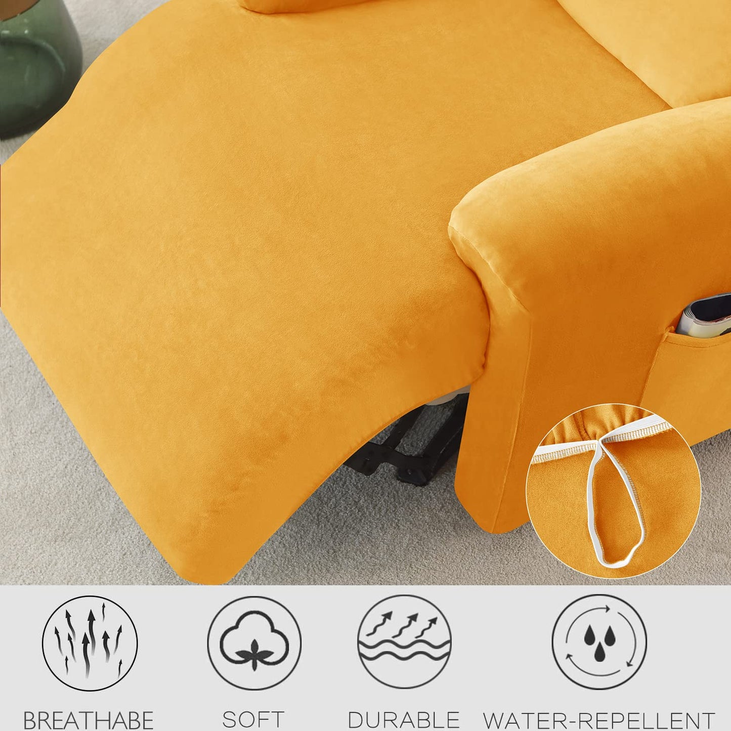 Deisy Dee 4-Piece, 1 Seat Recliner Cover, Soft Velvet Recliner Chair Covers- Stay-in-Place Slipcovers for Recliner Chair (Yellow)