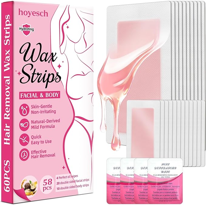 58 PCS Wax Strips - 38 Facial & 20 Body Waxing Kit for Women’ s Hair Removal,Wax Strips for Face,Eyebrow,Body, Arms, Legs, Chest, Back, Bikini/Brazilian Waxing Strips & 4Calming Oil Wipes