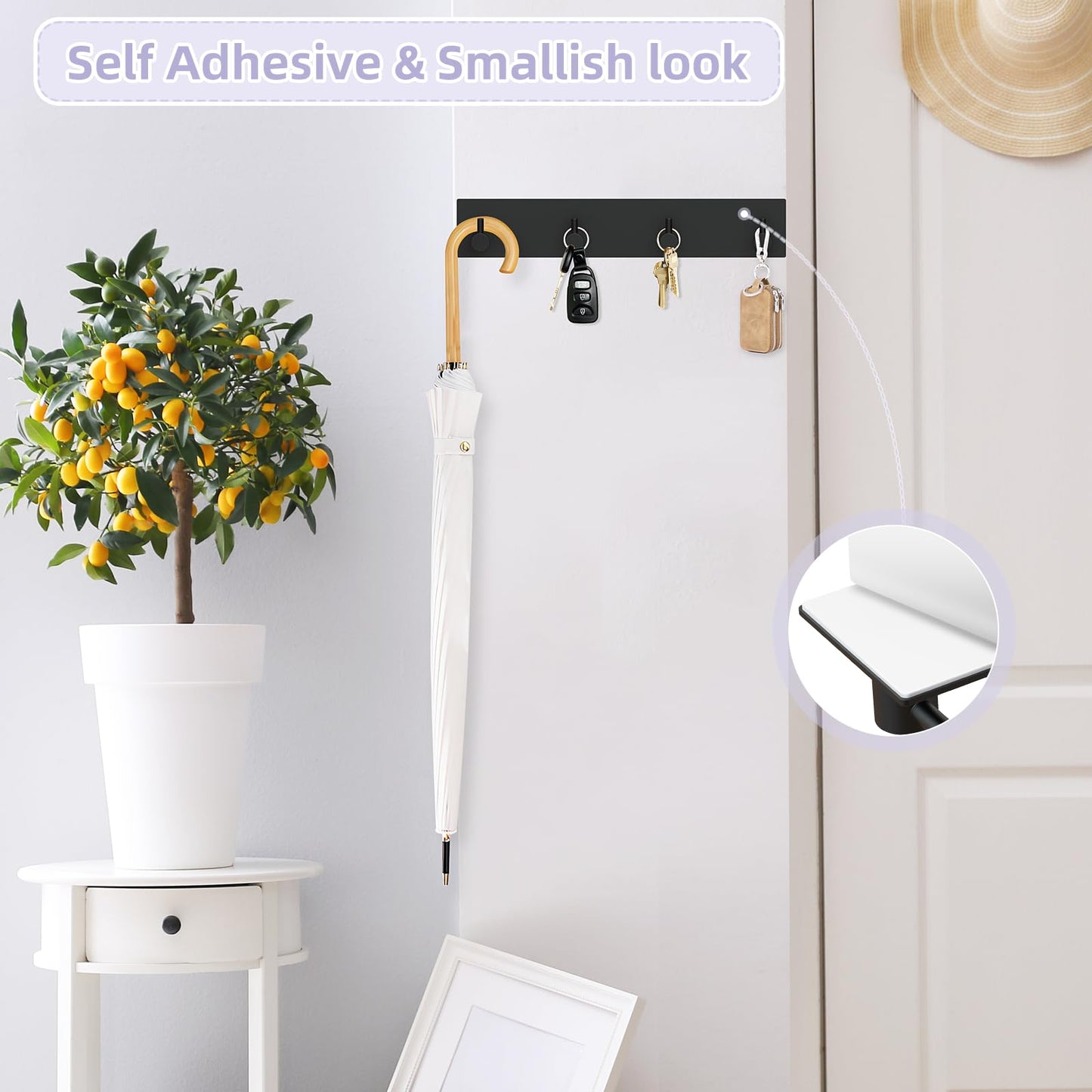 VIS'V Key Holder Wall Mount, Large Metal Self Adhesive Key Hanger with 4 Hooks, No Drilling, Extra Adhesive Strip, Black
