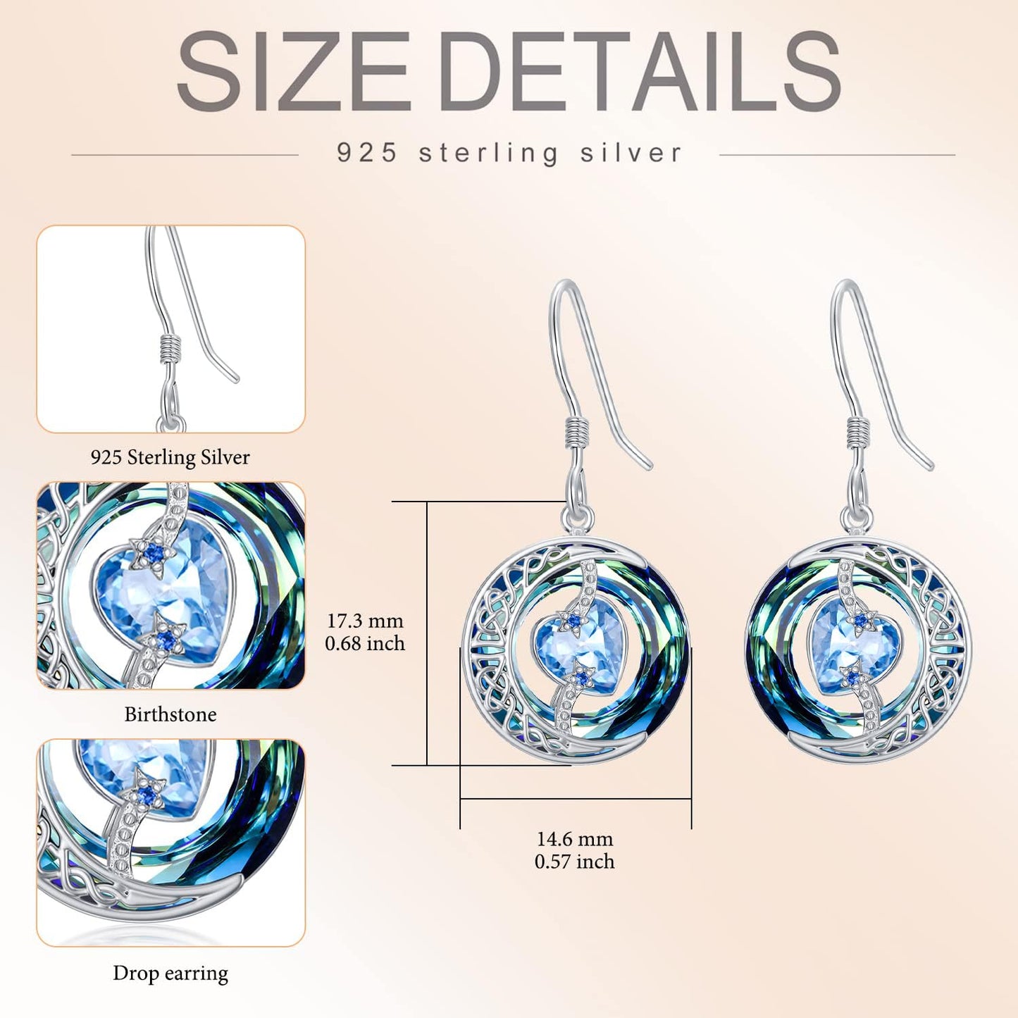 TOUPOP Aquamarine Earrings March Birthstone Earrings Sterling Silver Moon and Star Drop Dangle Earring Jewelry Blue Crystal Birthday Mothers Day Gifts for Women Mom Her