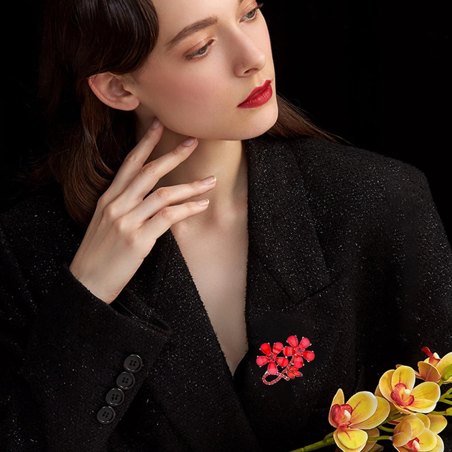 UNVAK Rhinestone Flower Brooch Pin - Red Crystal Lapel Pin Jewelry for Mother's Day & Wedding Gifts