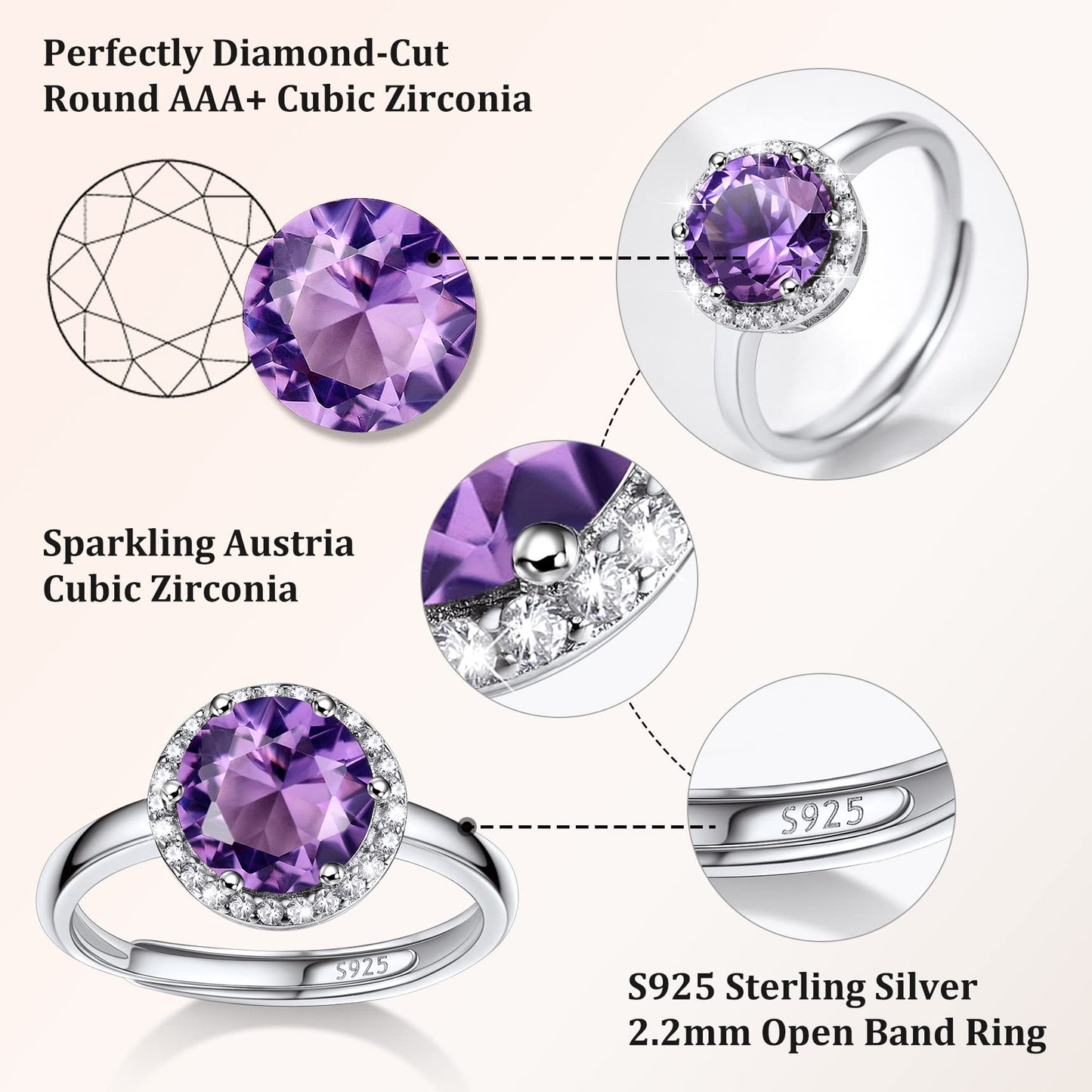 Bestyle 925 Sterling Silver Round Crytsal Cubic Zirconia Rings | Classic Silver February Amethyst Crystal Birthstone Rings for Women, Great Birthday Gift for Daughter/Wife/Mom/Grandma