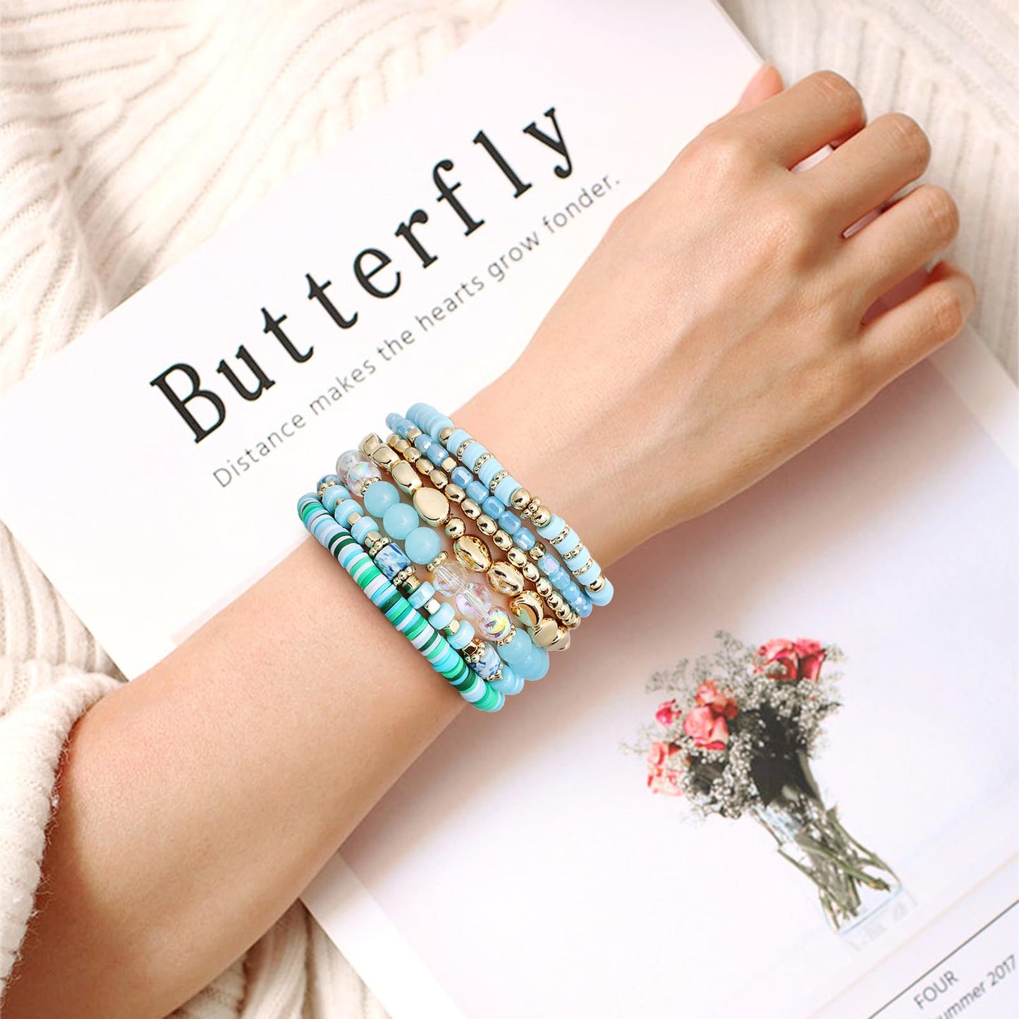 GOOJIDS Surfer Heishi Clay Bead Bracelets for Women Bohemian Stackable Gold Plated Beaded Stretch Bracelets Elastic Layering Friendship Bracelets Set Boho Jewelry