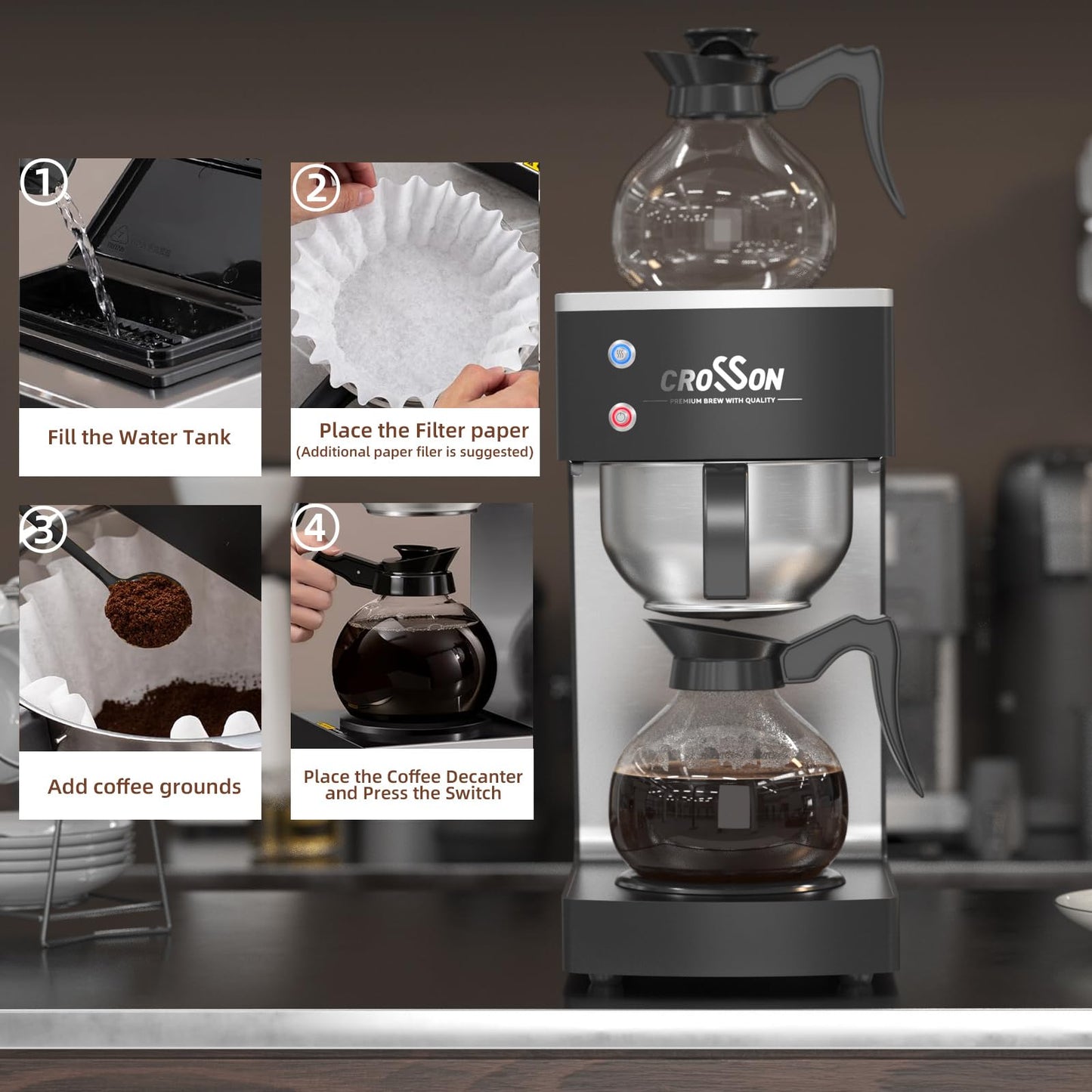 crosson 12 Cup Commercial Drip Coffee Brewer with Upper and Lower Warmer & 2 Glass Decanter,Pour Over Coffee Maker with Easy Clean Fingerprint Free Housing and 304 Stainless Steel Funnel