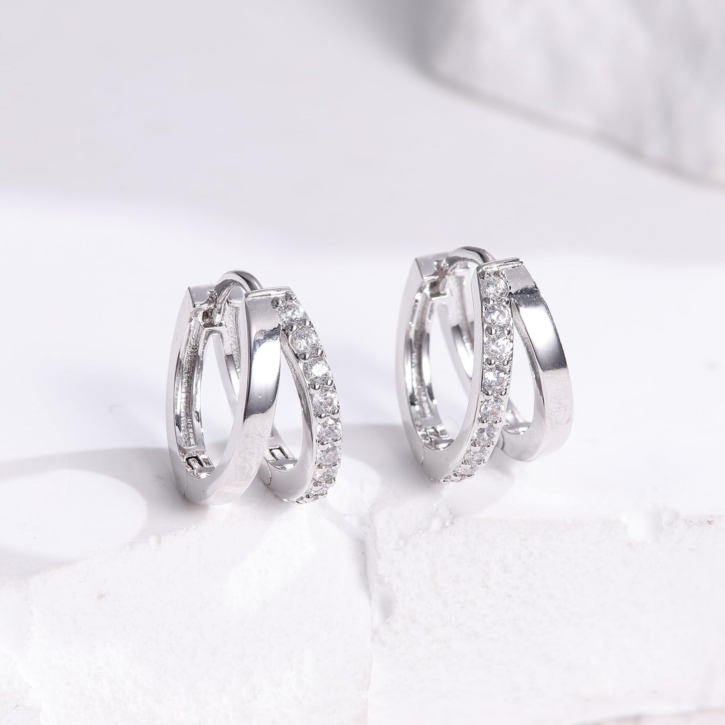MILACOLATO 925 Sterling Silver Earrings for Women, 14K White Gold Plated Small Huggie Hoop Earrings, Single CZ Double Hoop Earrings Stacks Trendy Jewelry Gifts