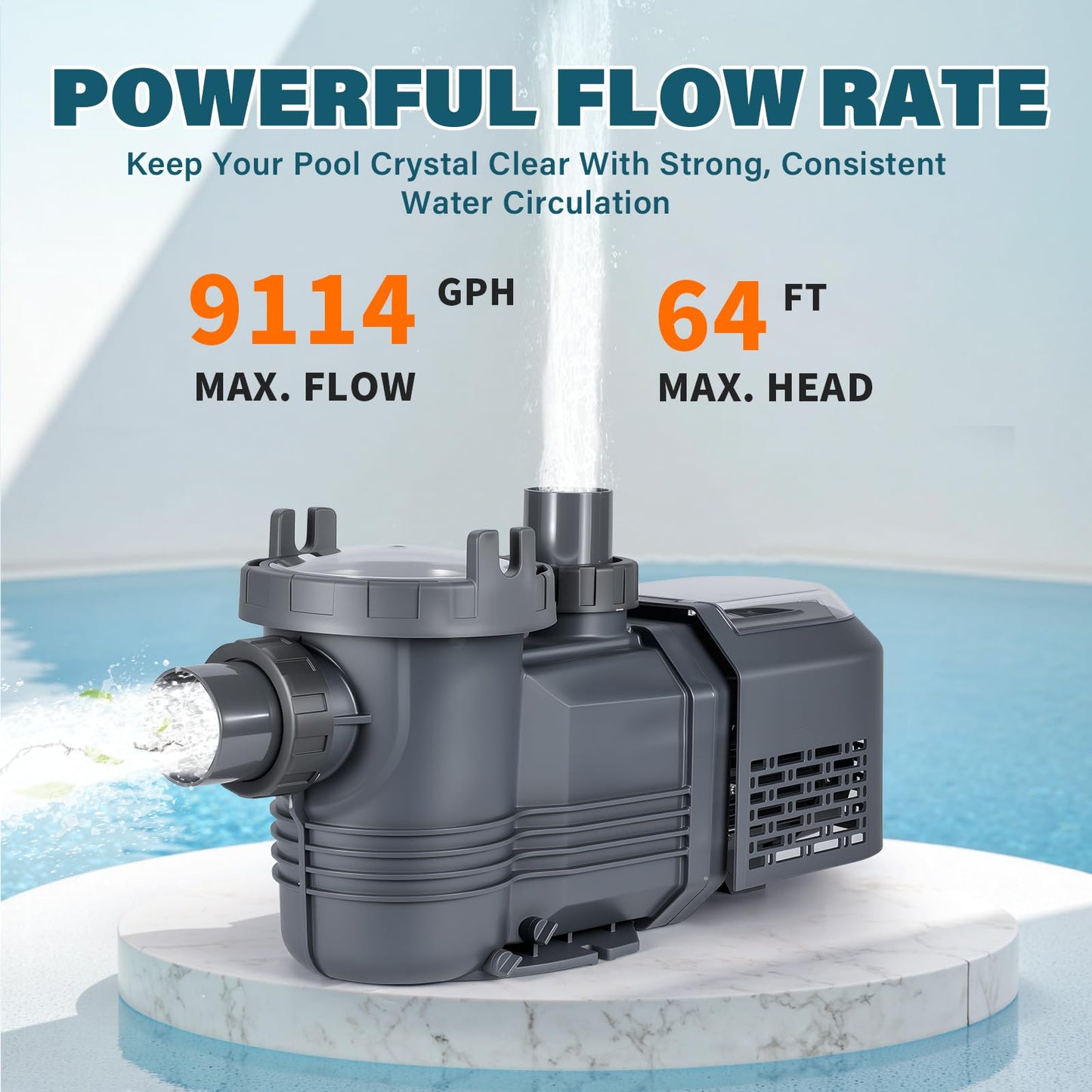 Anbull Variable Speed Pool Pump, 1.8 HP, 220V, 9114GPH, In/Above Pool Pump, Energy Efficient, High Flow, Powerful Self Primming Swimming Pool Pumps with Filter Basket