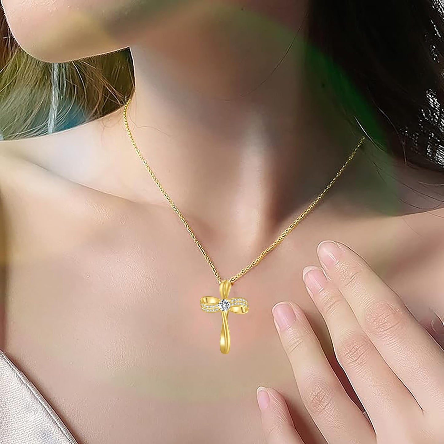 OKISIL 18K Gold Plated Cross Necklace for Women, S925 Sterling Silver Necklace with 5A Cubic Zirconia, Infinity Loop Pendant Jewelry, Christian Gifts for Women Her Wife