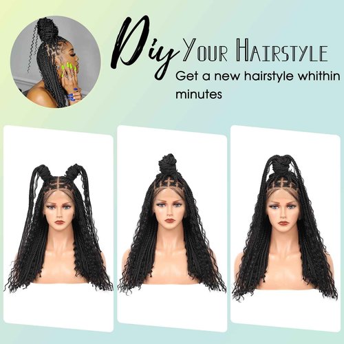 Fecihor 18" 13x8 Inch HD Lace Front Boho Box Braided Wigs Short Knotless Braid Wig for Women Full Braided Lace Front Wig With Baby Hair Balck Natural Color
