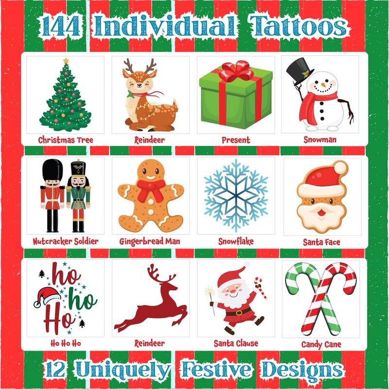 ArtCreativity Individual Christmas Tattoos for Kids - Set of 144-2 Inch Winter Holiday Temporary Tattoos in 12 Festive Designs - Classroom Christmas Party Favors and Stocking Stuffers For Kids