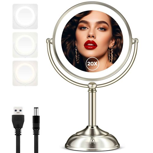 MOMOKUBA Makeup Mirror with Lights, 9" 20X Magnifying Mirror with Light and 3 Colors, Vanity Mirror with Lights and Adjustable Brightness, 2-Sided Desk Mirror with Light for Makeup, Nickel