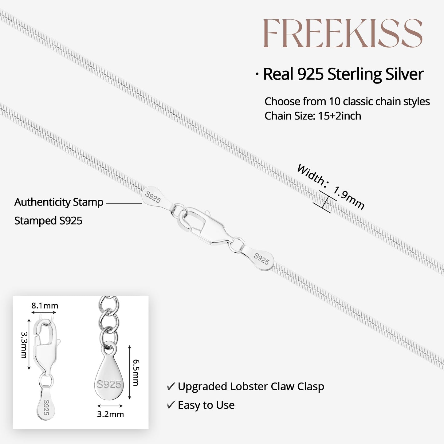 Freekiss 925 Sterling Silver Snake Herringbone Chain Choker Necklace for Women 16+2 Inch Adjustable Dainty Layered Choker Necklace Delicate Silver Jewelry Gift 1.9mm