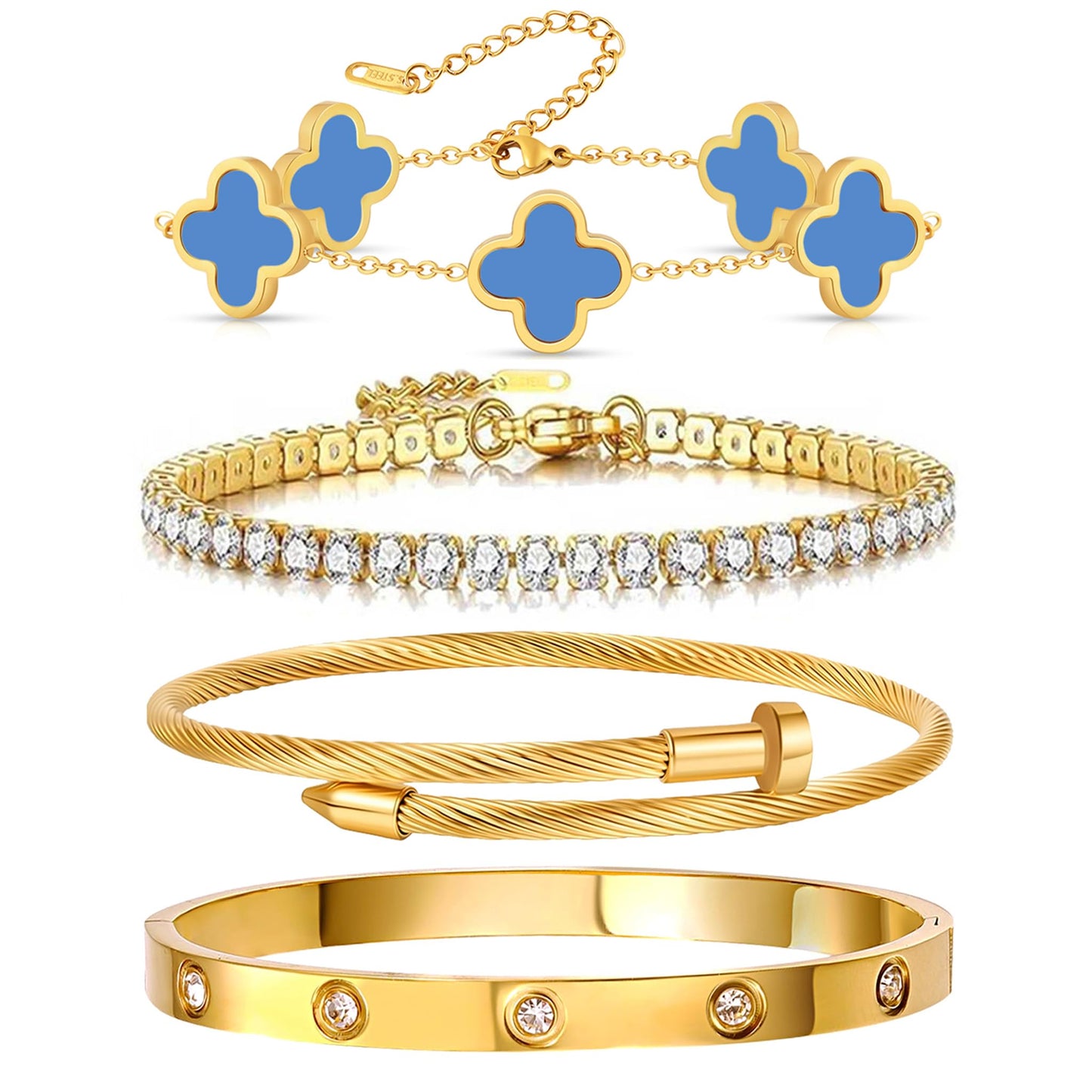 Gold Bracelets for Women, 18K Gold Plated Women Tennis Bracelets Clover Nail Love Bangle Bracelet Set, Gold Bracelet Stackable Set Trendy Jewelry, Gifts for Women's Day and Mother's Day (13-Color- 4 Blue)