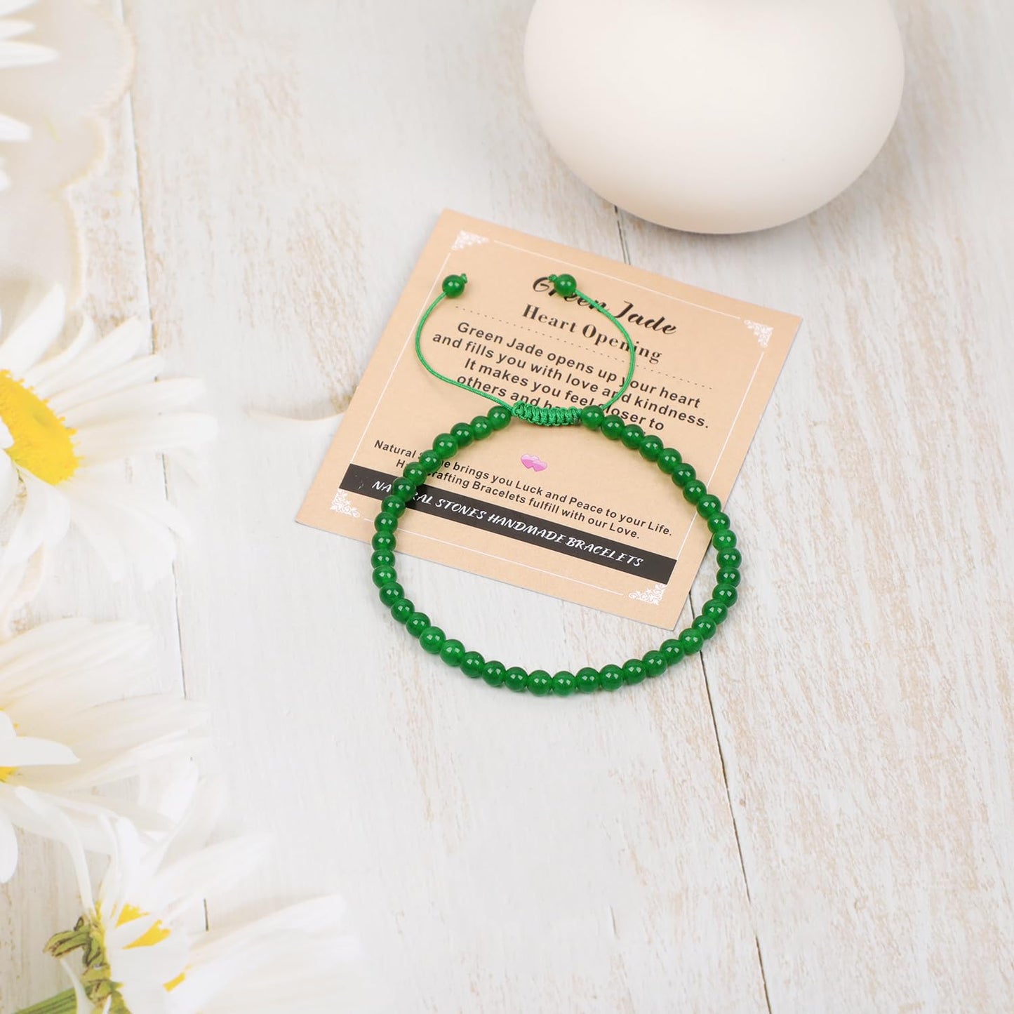 AD Beads 4mm Green Jade Bracelet - Stone of Heart Opening - Handmade Natural Stone Crystal Bracelet with Adjustable Macrame String - Yoga Healing Power Energy Gifts for Men and Women