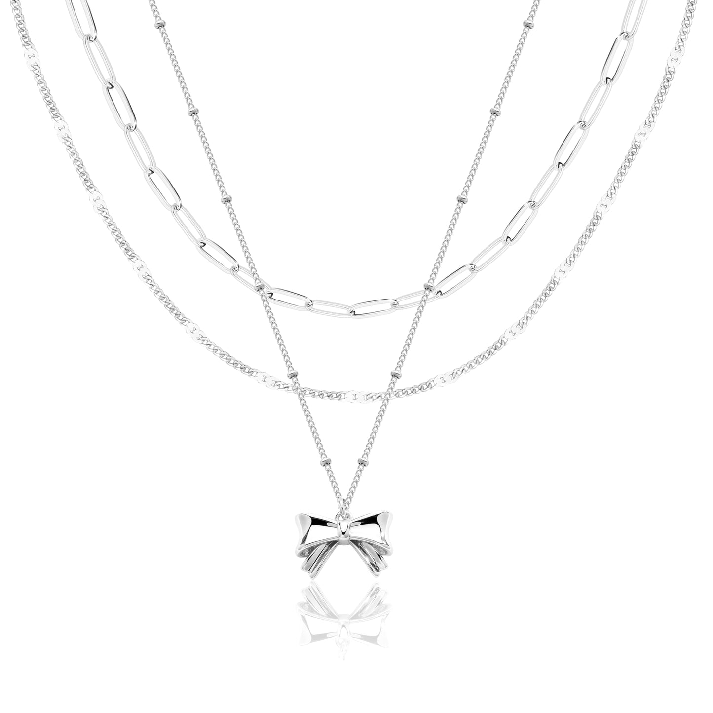 Layered Silver Bow Necklaces for Women, Silver Plated Dainty Stackable Choker Necklaces for Women, Trendy Layering Small Bow Pendant Paperclip Thin Chain Necklace Set Jewelry Gifts for Women