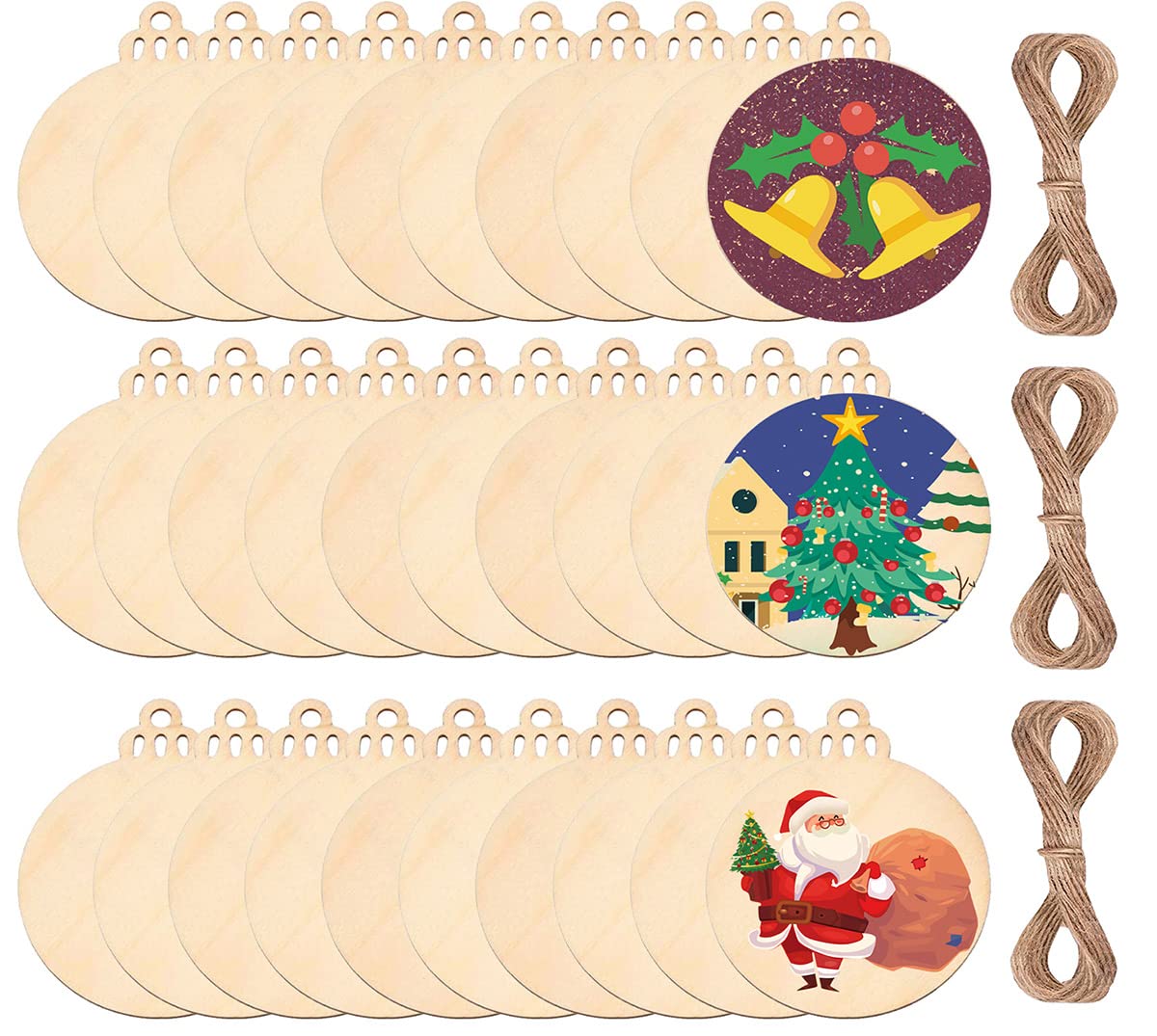 pojah 60PCS Wood Slices,4" Wooden Christmas Ornaments,Unfinished Predrilled Wood Circles for Crafts Centerpieces,DIY Round Wooden Discs Hanging Decorations
