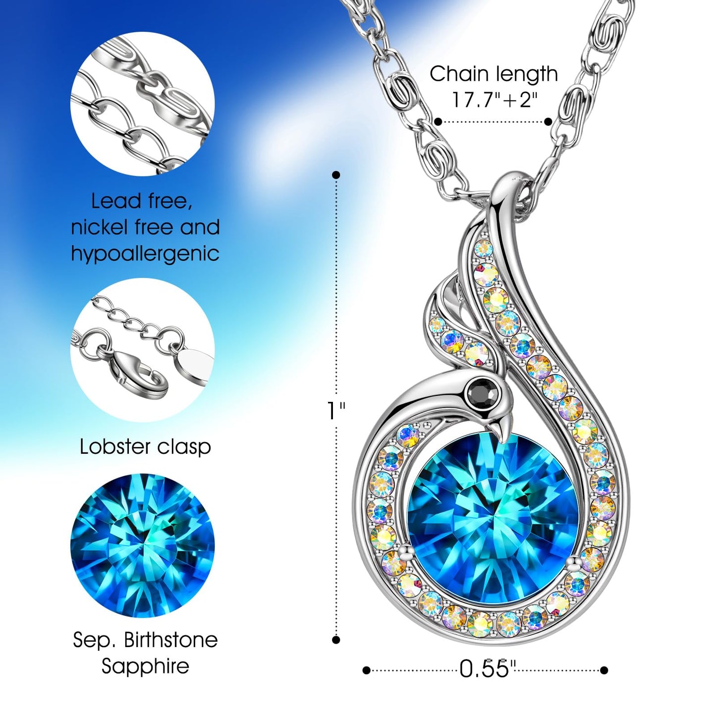 Kate Lynn Phoenix Sapphire Birthstone Necklaces for Women Pendant Necklace Crystal Jewelry, Birthday Gifts for Women Wife Girlfriend Mothers Day Gift for Mom Daughter Unique Lady Christmas Jewelry Gift for Her, September Birthstone Blue Necklace