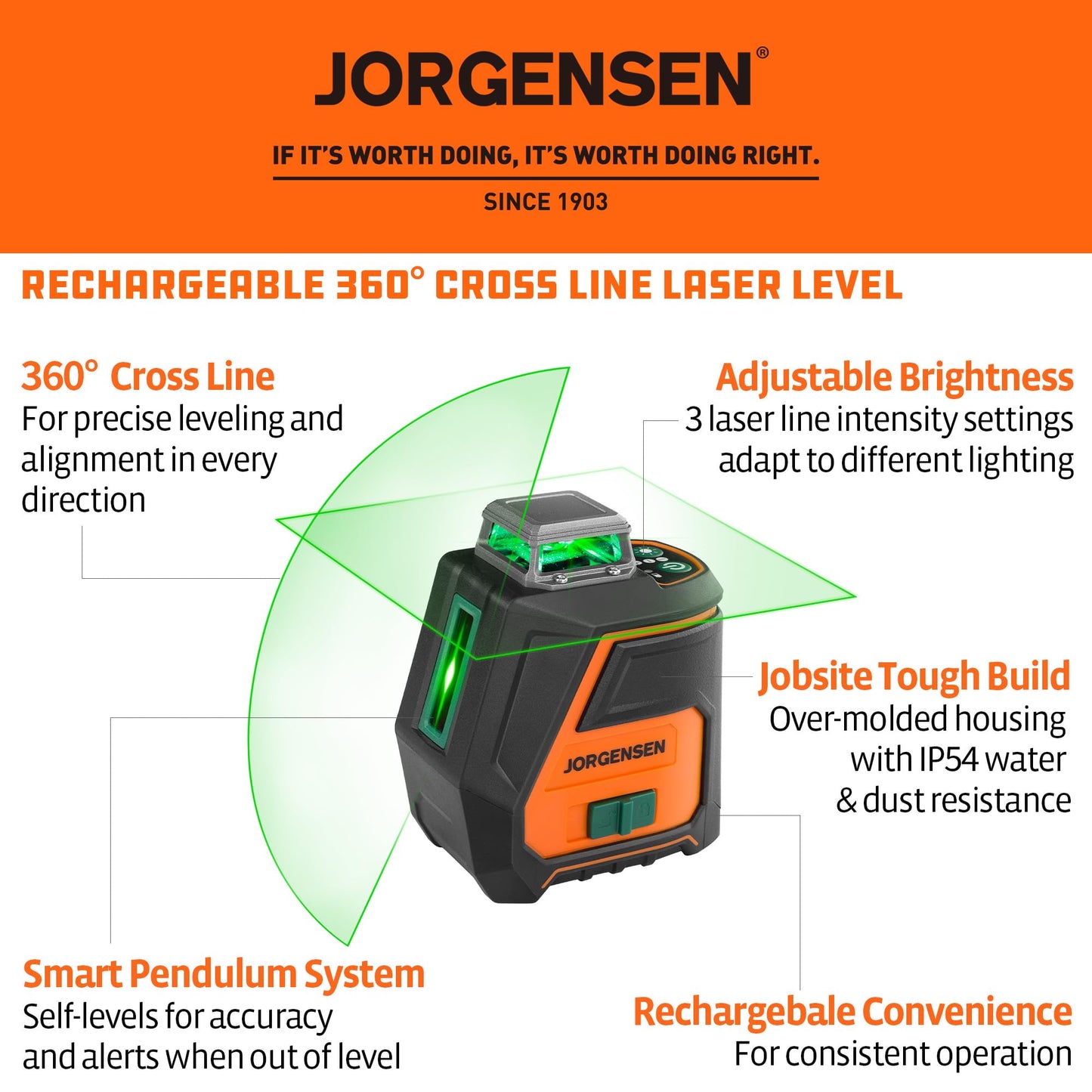 JORGENSEN 360° Laser Level with Tripod, 100 FT Rechargeable Self Leveling Cross Line Laser Leveler Tool with Magnetic Base, Wide Angle Green Laser Level for Picture Hanging, Floor Tile, Construction