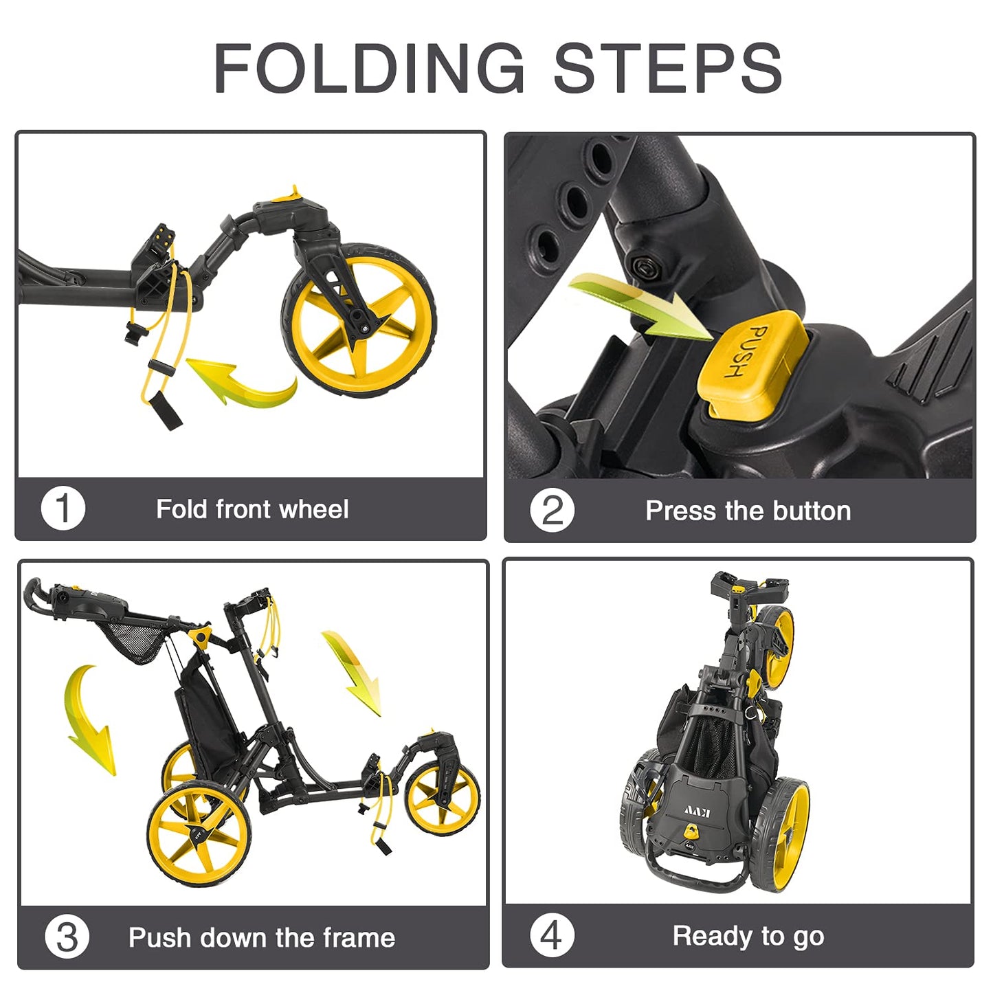 KVV 3 Wheel 360 Rotating Front Wheel Foldable/Collapsible Golf Push Cart with Foot Brake Open and Close in ONE Second-Free Umbrella Holder Included(Charcoal/Yellow)
