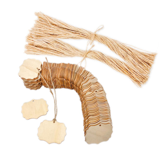 200 Pcs 2.4 Inch Quatrefoil Wooden Tags with Jute Crafts Unfinished Wood Gifts Tags (2.4X 2 in)
