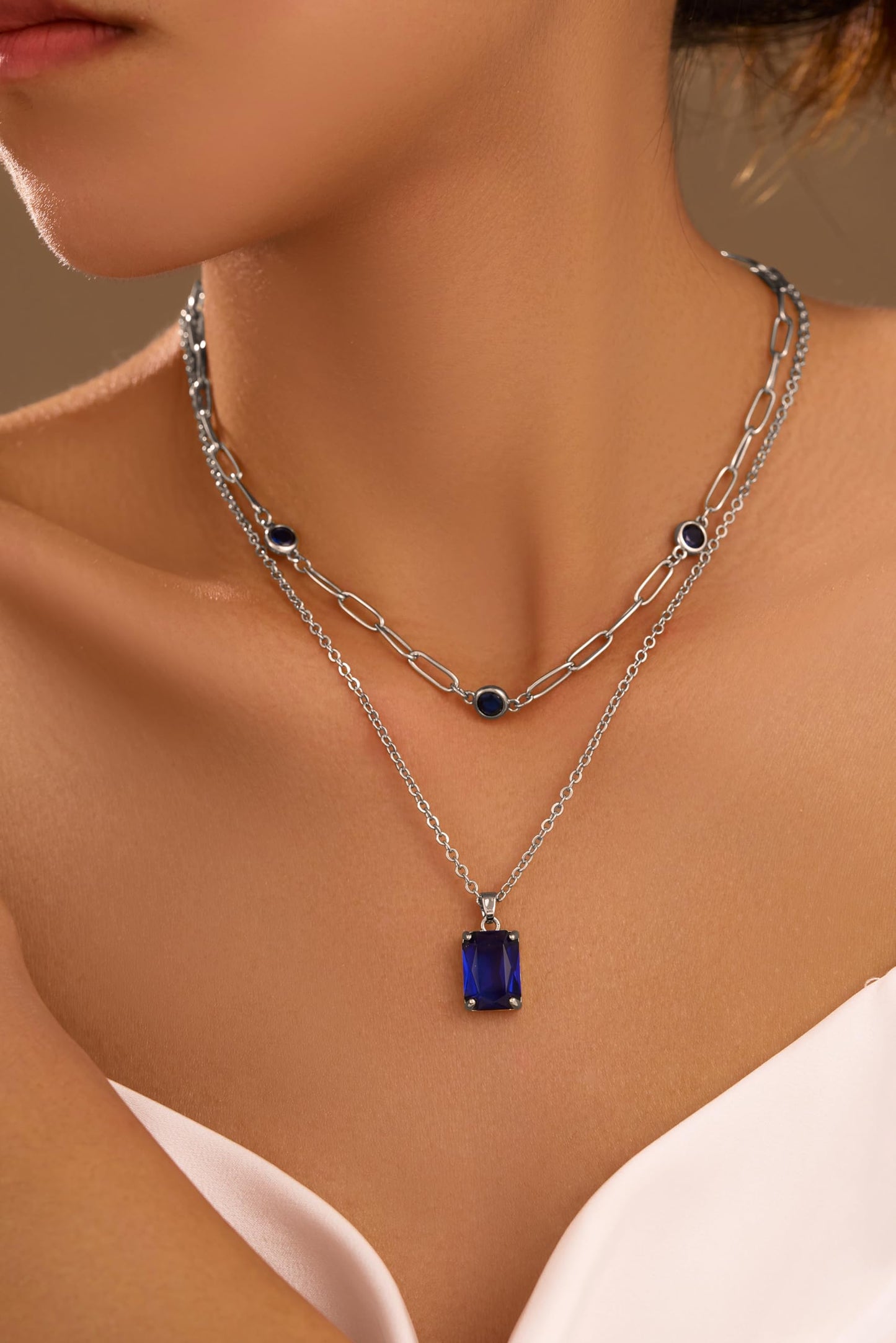 VANGETIMI Blue and Silver Layered Pendant Necklaces for Women Silver Plated Crystal Choker Necklace Paperclip Rhinestone Necklace Party Prom Jewelry