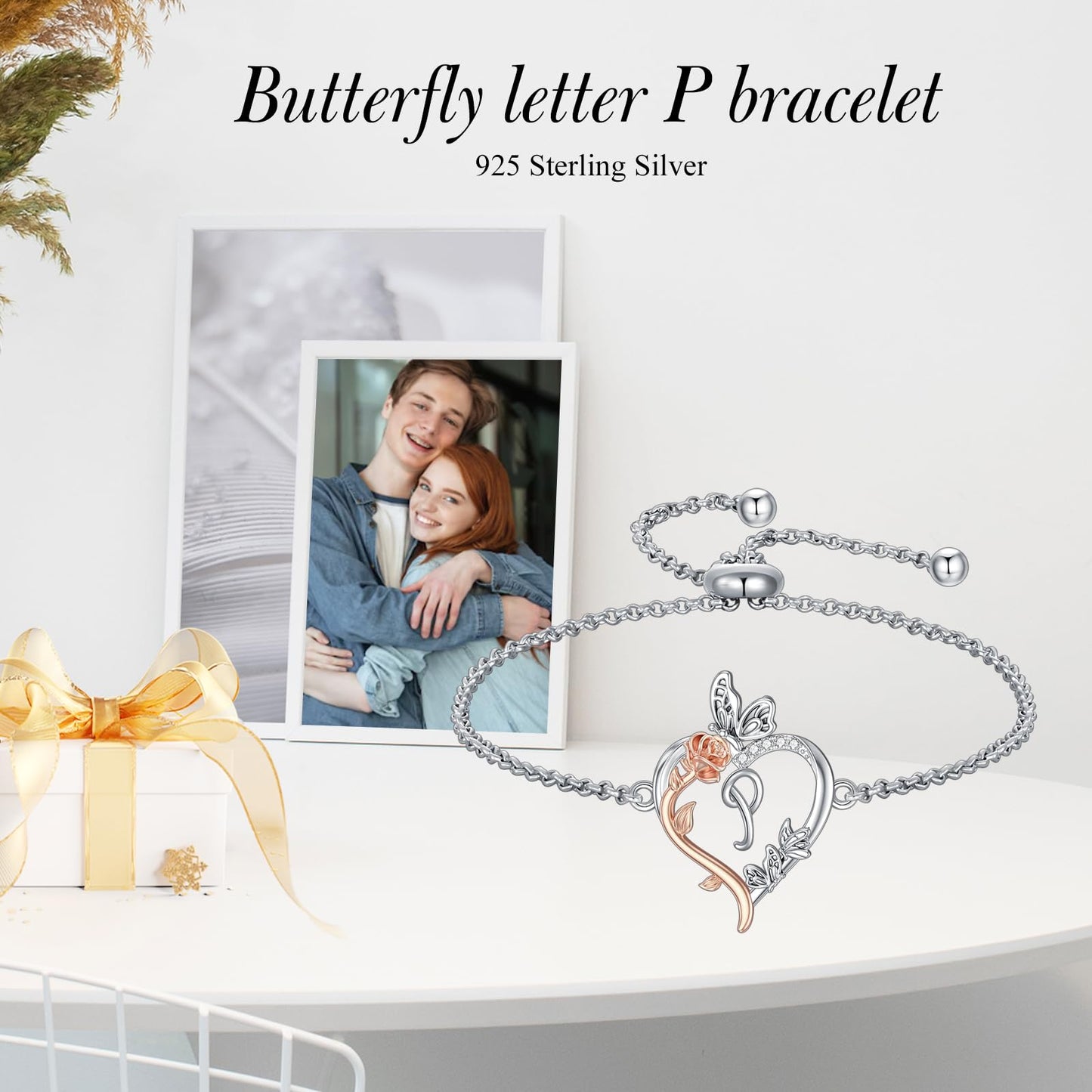 TOUPOP Rose Heart Bracelet for Women Sterling Silver Heart Initial P Letter Bracelet Butterfly Love Jewelry Anniversary Birthday Mothers Day Gifts for Mom Wife Her Girlfriend