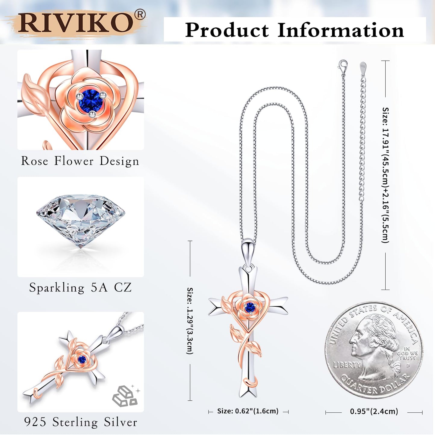 RIVIKO Mothers Day Gifts for Wife-925 Sterling Silver Cross September Birthstone Necklace for Women Cross Rose Pendant Necklaces Anniversary Jewelry Birthday Gift for Women Her Wife