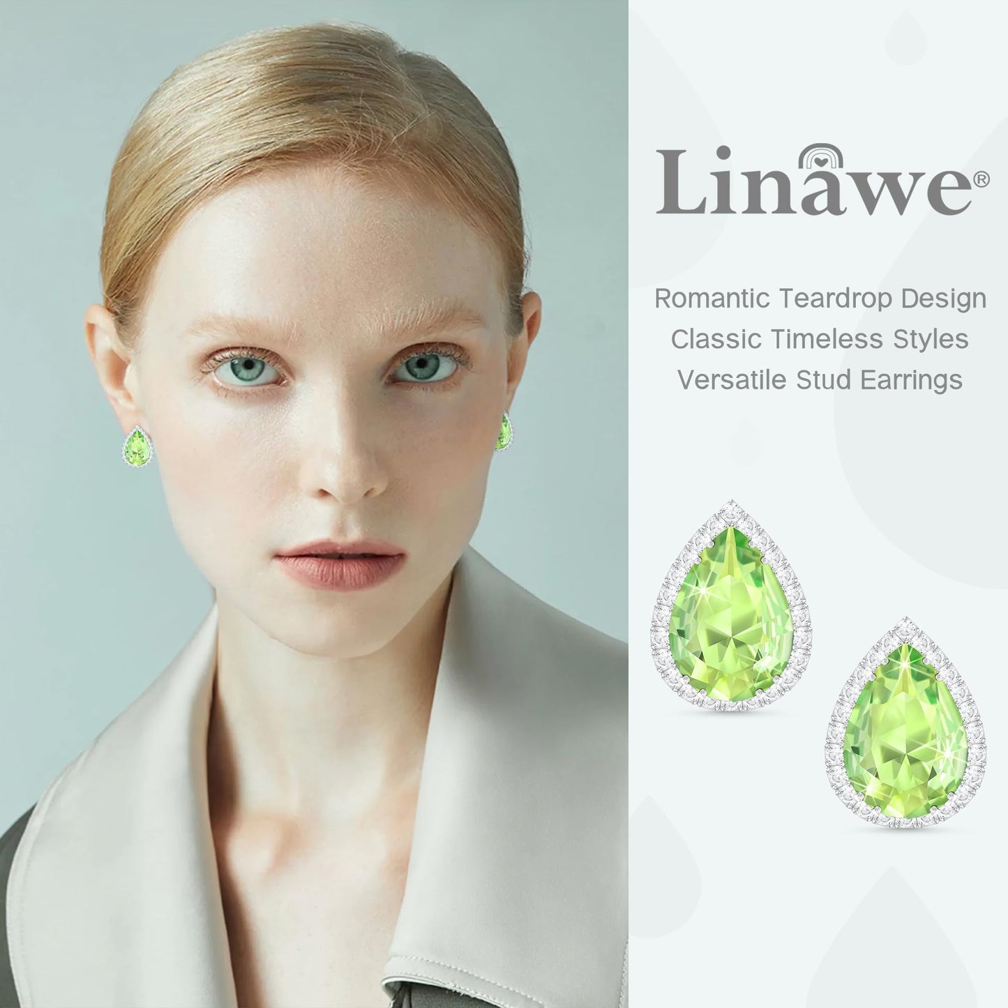 Linawe Silver Green Imitation Diamond Morganite Titanium Stud Earrings for Women, Cubic Zirconia Rhinestone Crystal Iridescent Teardrop Earrings Studs, Wedding Bridal Bridesmaid Earrings