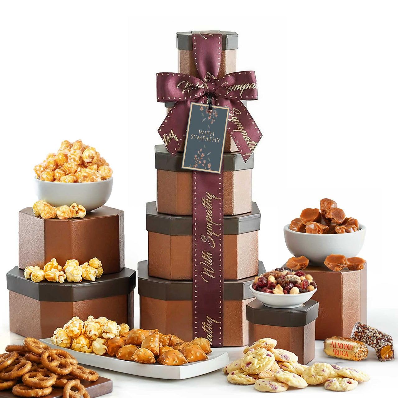 Broadway Basketeers Sympathy Gift Basket Tower – Gourmet Food Gift for Loss of Loved One – Bereavement & Condolences Gift Basket with Cookies & Snacks to Comfort Family and Friends, Kosher