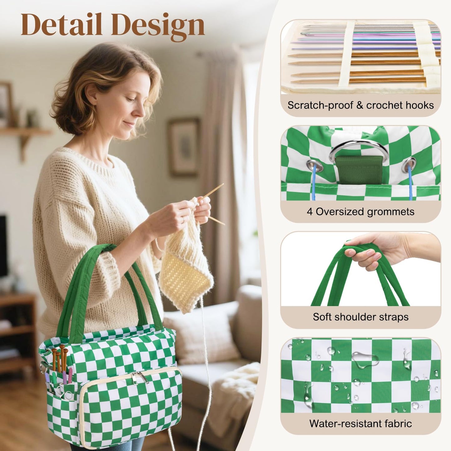 DALINDA Crochet Bag and Tote - Yarn Bag Crochet Storage Bag for Crochet Supplies,Crochet Accessories, Knitting Bag for Crochet Lovers, Ideal Crochet Gifts (Green Plaid)