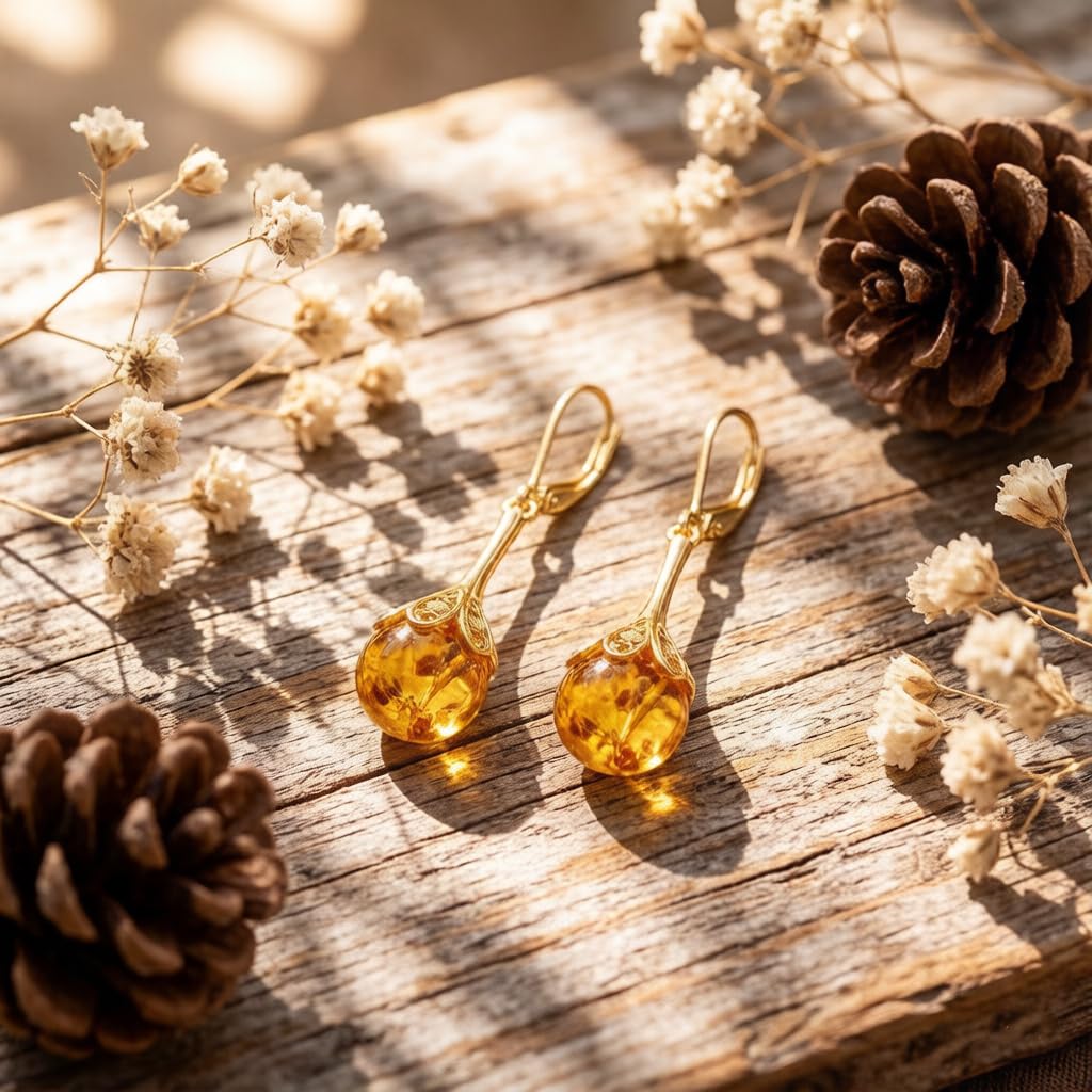 TIGER RIDER Amber Earrings for Women 925 Sterling Silver Gold Filigree Dangle Earrings Amber Jewelry Gift for Mom Wife