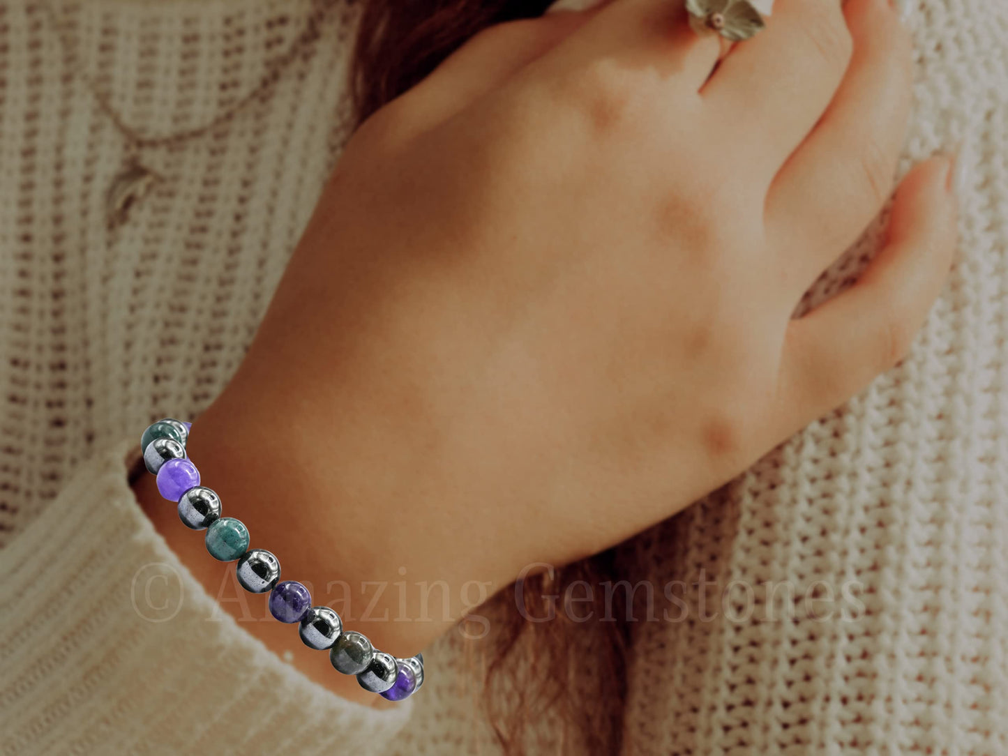 Amazing Gemstone Blood Pressure Control Bracelet - Bloodstone Amethyst Hematite Bracelet Set for Healing Calming Anxiety Stress Relief Gifts Pulseras Para Hombres Mujer Stocking Stuffers (Adjustable)
