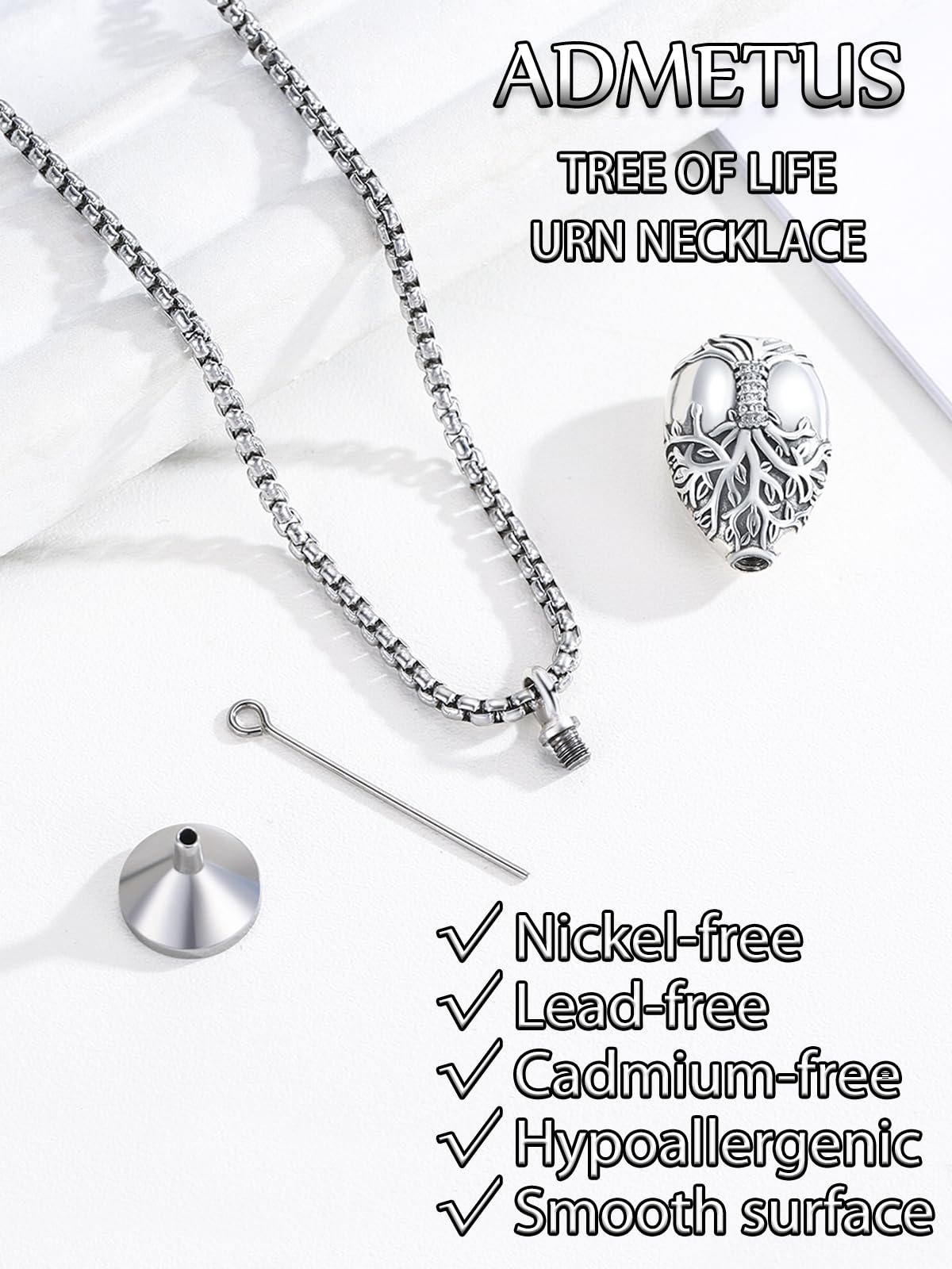 ADMETUS Urn Necklace for Ashes Sterling Silver Tree of Life Urn Pendant Jewelry Teardrop Cremation Jewelry for Ashes for Men Memorial Gifts