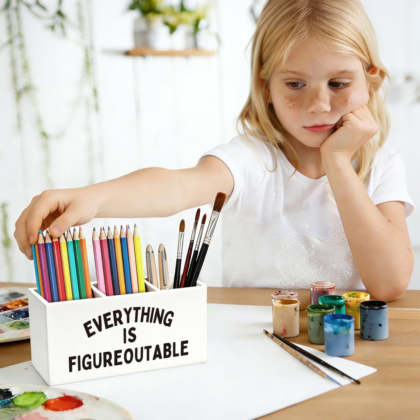 SkyCozy Inspirational Everything Is Figureoutable Pen Pencil Holder for Desk, Inspirational Gifts for Women Men, Motivational Wooden Box Sign Decorations for Home Office Workplace Desk Tabletop