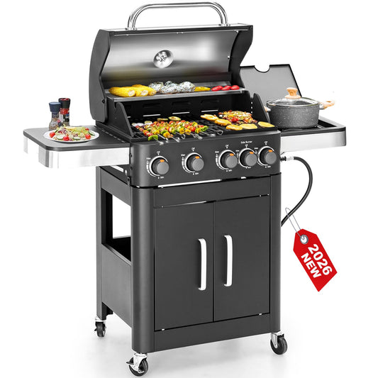 2 in 1 Propane Gas BBQ Grill with Side Burner & Porcelain-Enameled Cast Iron Grate, 4-Burner Flat Top Grill, 46,700 BTU Outdoor Barbecue Propane Griddle Grill Combo for Camping, Patio, Backyard