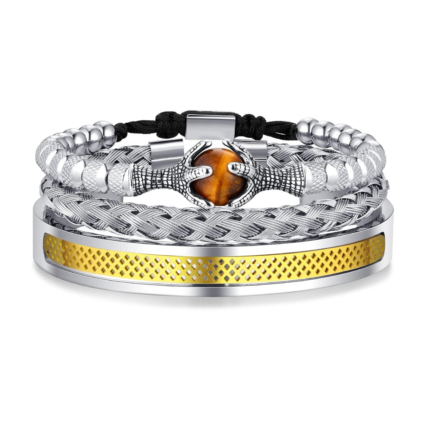 WFYOU 3PCS Stainless Steel Bracelets for Men Gold Roman Numeral Bangle Bracelet Twisted Cable Bracelet Adjustable Cuff Bracelet Mens Luxury Jewelry Bracelets Gifts(l:Gold)